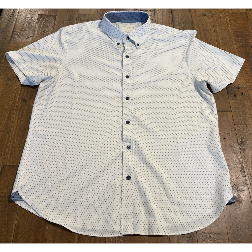 Men's CON.STRUCT Slim Fit 4-Way Stretch Shirt XL White Blue Polka Dot Button Up - Picture 2 of 8